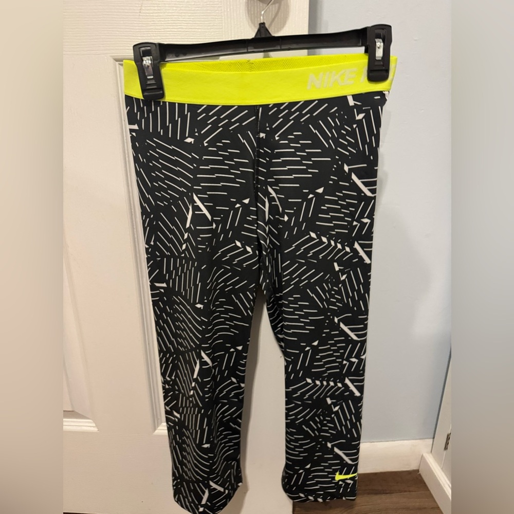 Nike Pro Geometric Black and White Leggings with Bright Yellow Waistband
